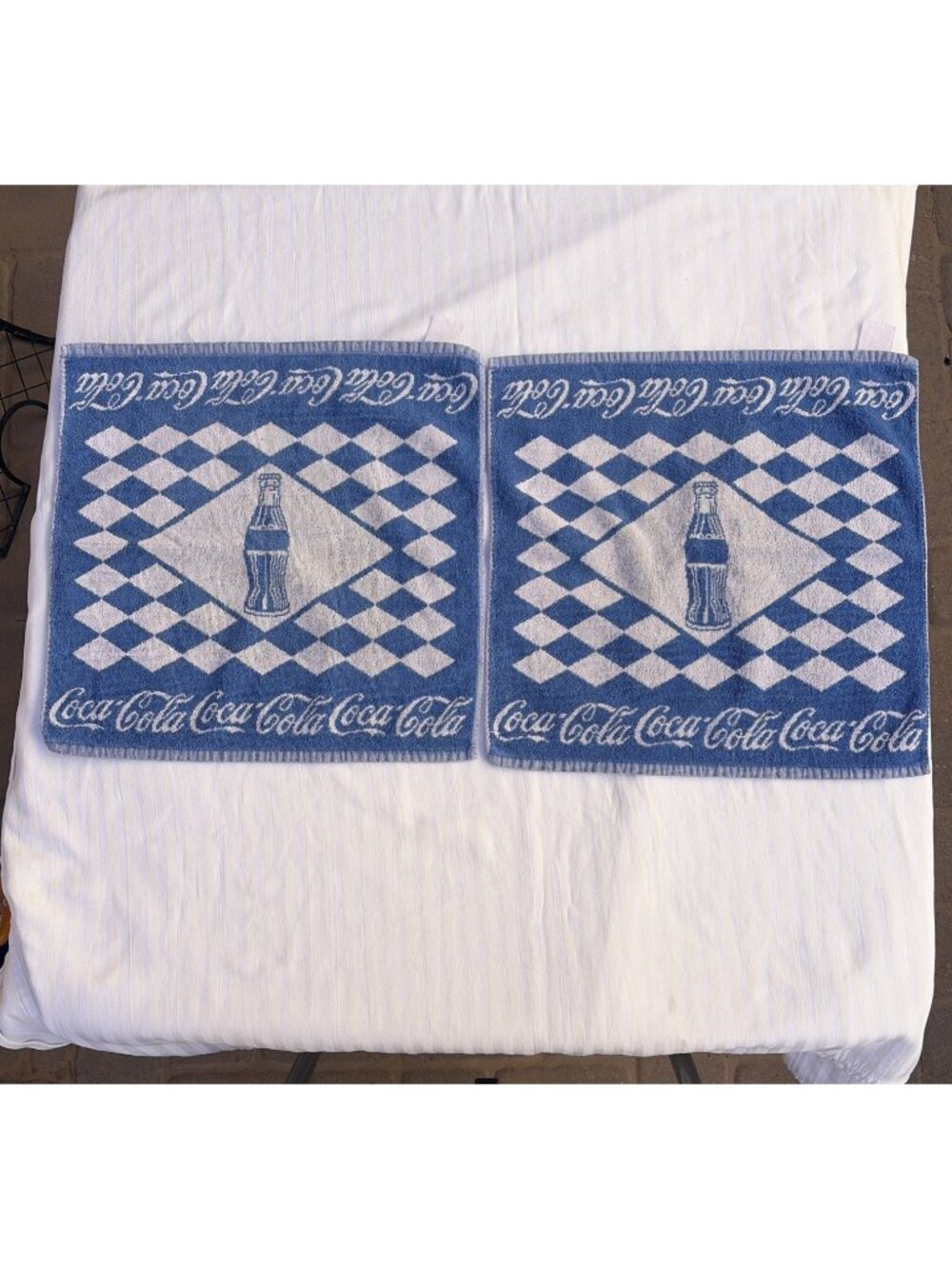 Vintage Coca-Cola Harlequin Diamond Terry Bar Hand Towels Set of 2 Blue 17x17